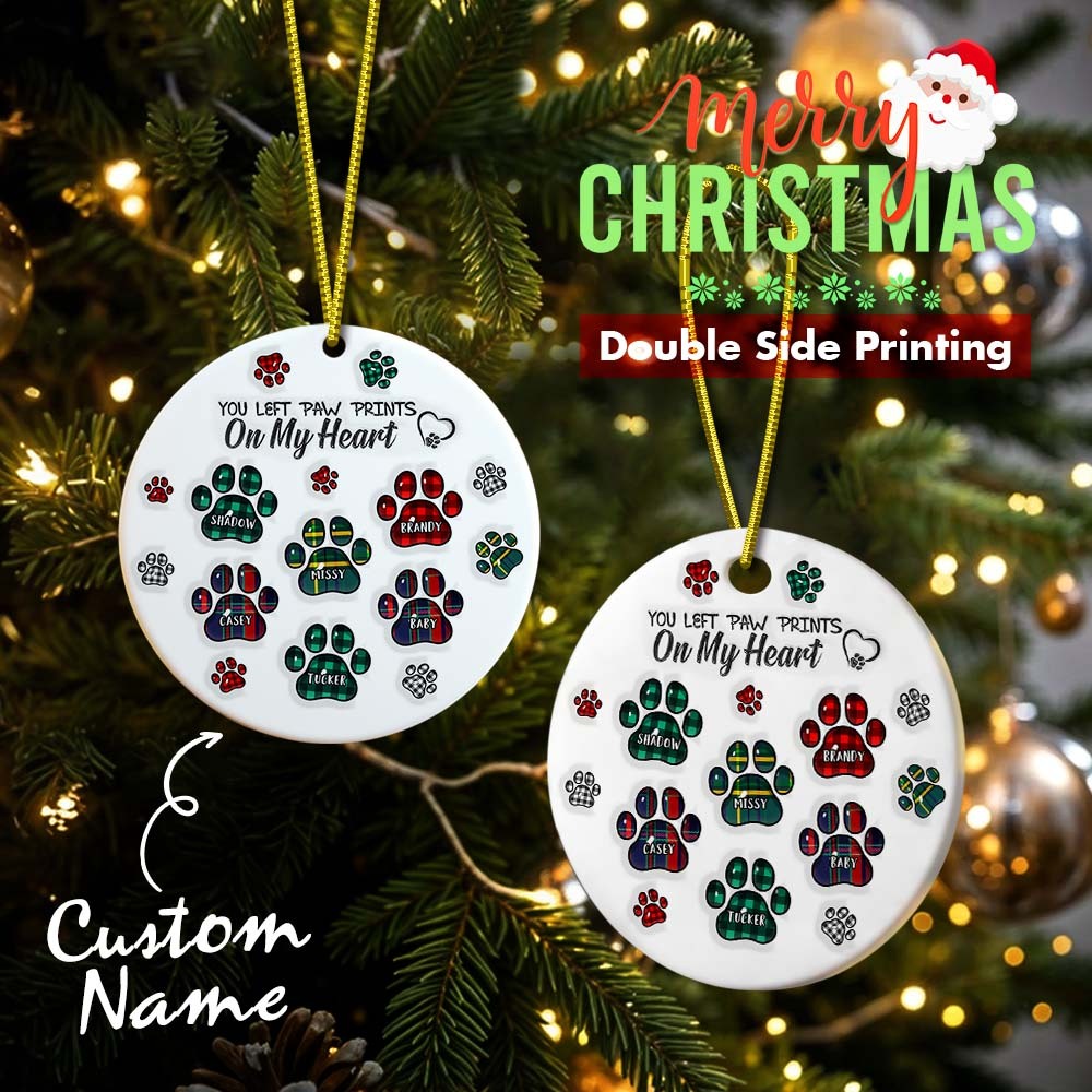 Memorial Dog Cat You Left Paw Prints On My Heart - 3D Inflated Effect Printed Ornament, Personalized Circle Ceramic Ornament