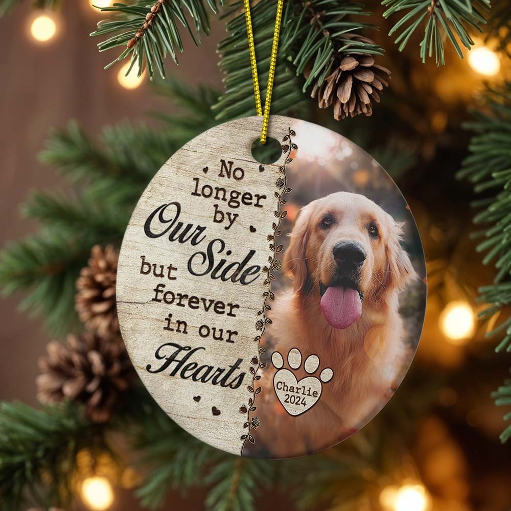 Custom Photo No Longer By Our Side - Memorial Personalized Custom Ornament - Ceramic Round Shaped - Christmas Gift, Sympathy Gift For Pet Owners, Pet Lovers
