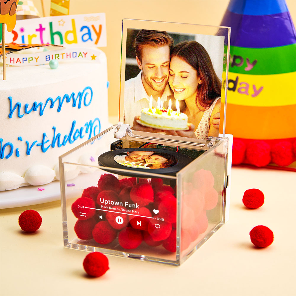 Personalized Red Heart Mini Music Record Player For Birthday Custom Names and Date in an Acrylic Box -
