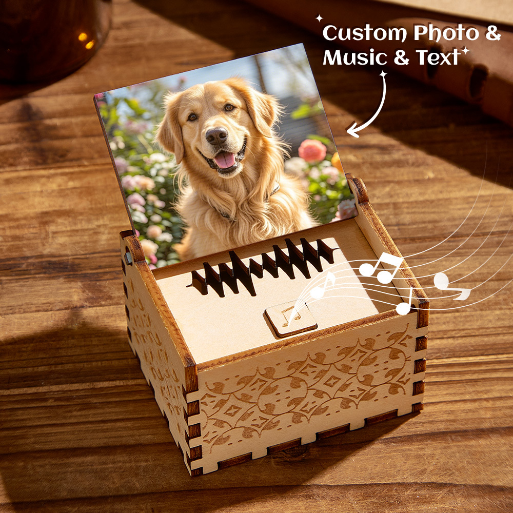 Custom Digital Music Box Any song Tune or Voice Gift for Pet Lovers Personalized Wooden Photo Music Box with Text
