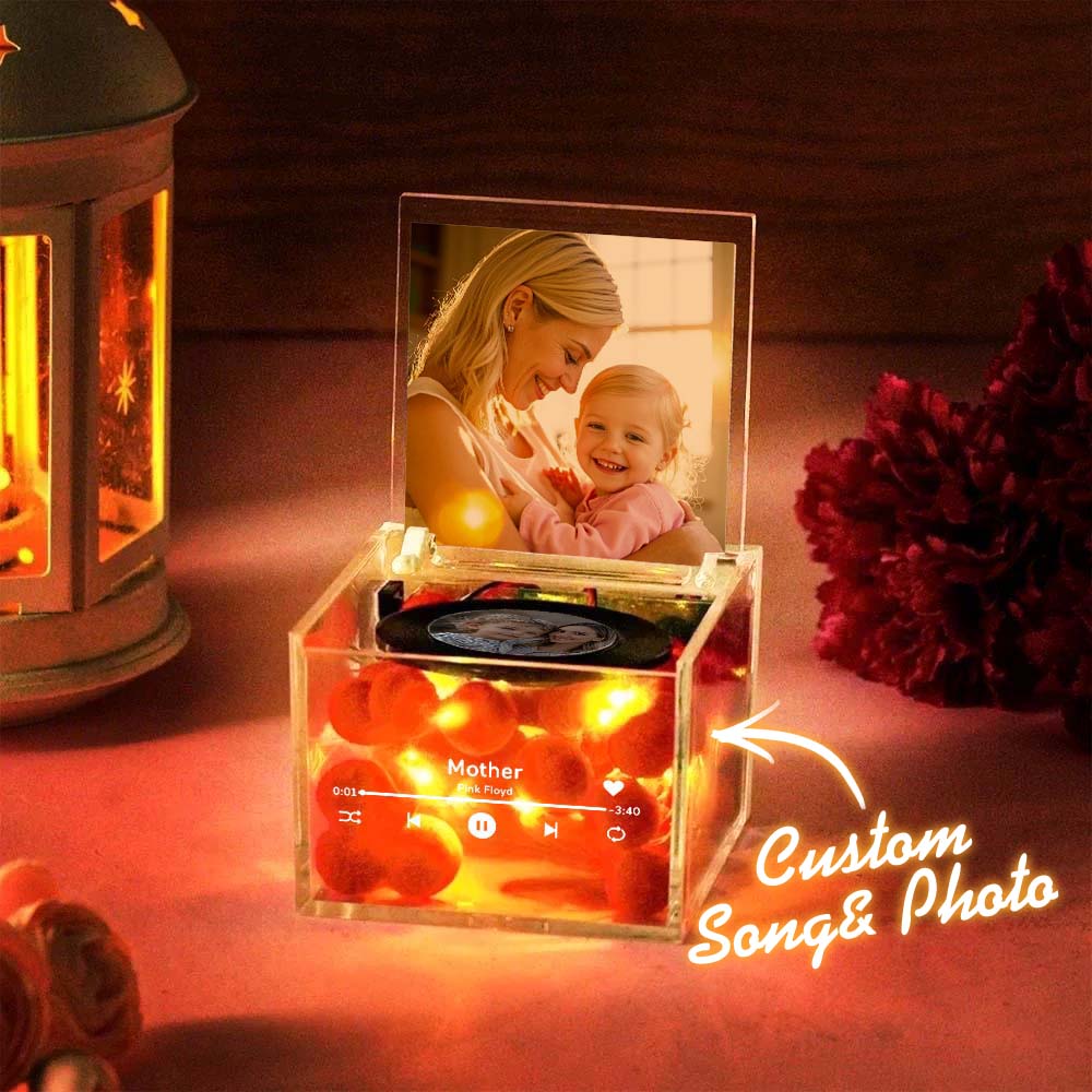 Custom Linear Art Cover Personalised Mini Vinyl Record Player For Mother's Day Custom Acrylic Box Gift For Mom