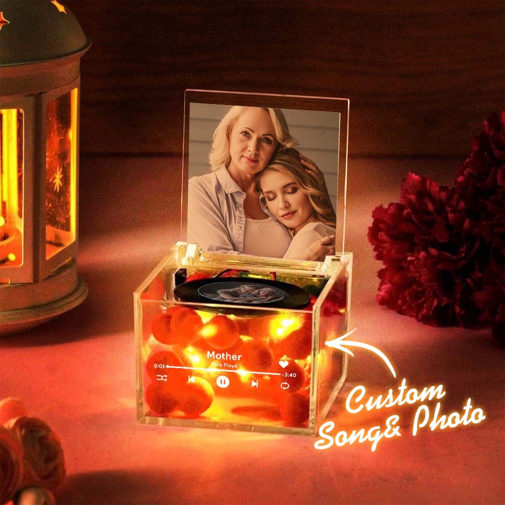 Custom Mini Vinyl Record Player in an Acrylic Box Custom Flower Name Cover Gift for Mom On Mother's Day