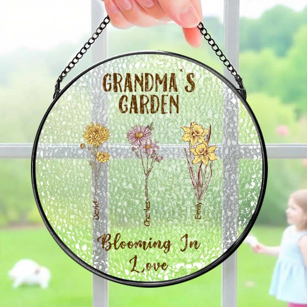 Custom Birth Flower Glass Suncatcher Personalized Grandma's Garden Window Hanging Mother's Day Gift