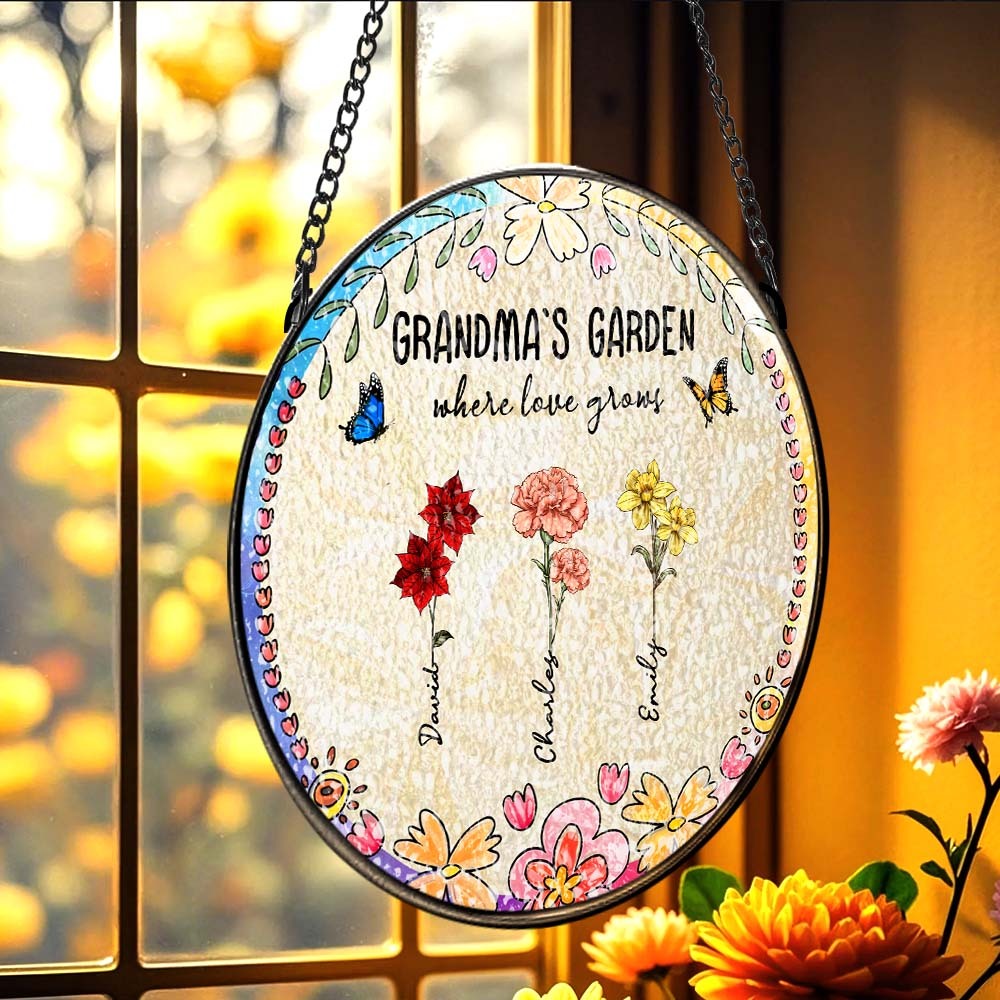 Personalized Grandma's Garden Glass Suncatcher Custom Grandma's Garden Birth Flower Window Hanging Mother's Day Gift