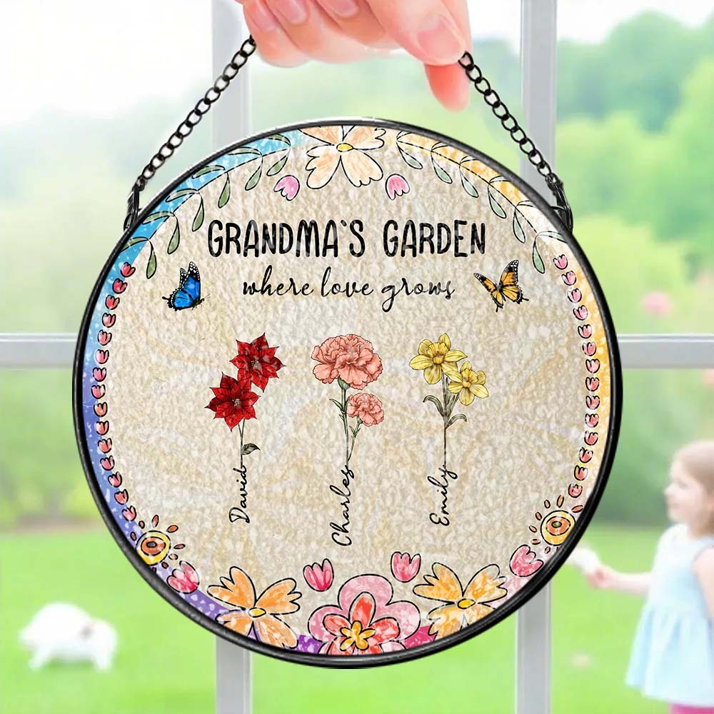 Personalized Grandma's Garden Glass Suncatcher Custom Grandma's Garden Birth Flower Window Hanging Mother's Day Gift