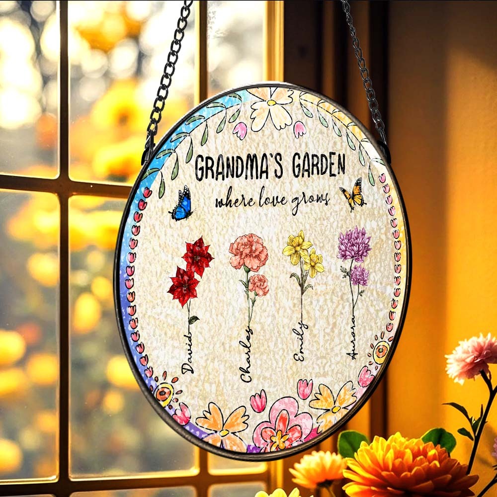 Personalized Grandma's Garden Glass Suncatcher Custom Grandma's Garden Birth Flower Window Hanging Mother's Day Gift