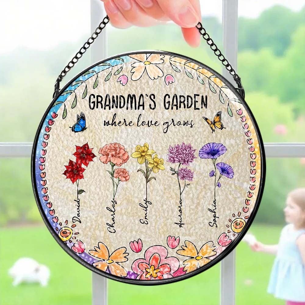 Personalized Grandma's Garden Glass Suncatcher Custom Grandma's Garden Birth Flower Window Hanging Mother's Day Gift