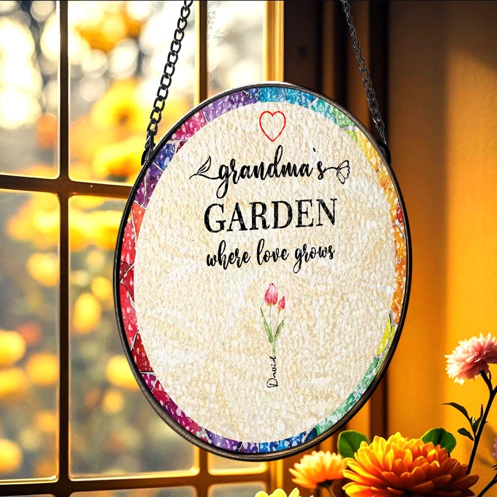 Personalized Grandma's Garden Glass Suncatcher Custom Birth Flower Window Hanging Mother's Day Gift