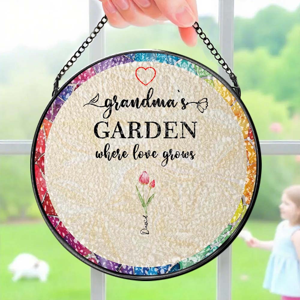 Personalized Grandma's Garden Glass Suncatcher Custom Birth Flower Window Hanging Mother's Day Gift