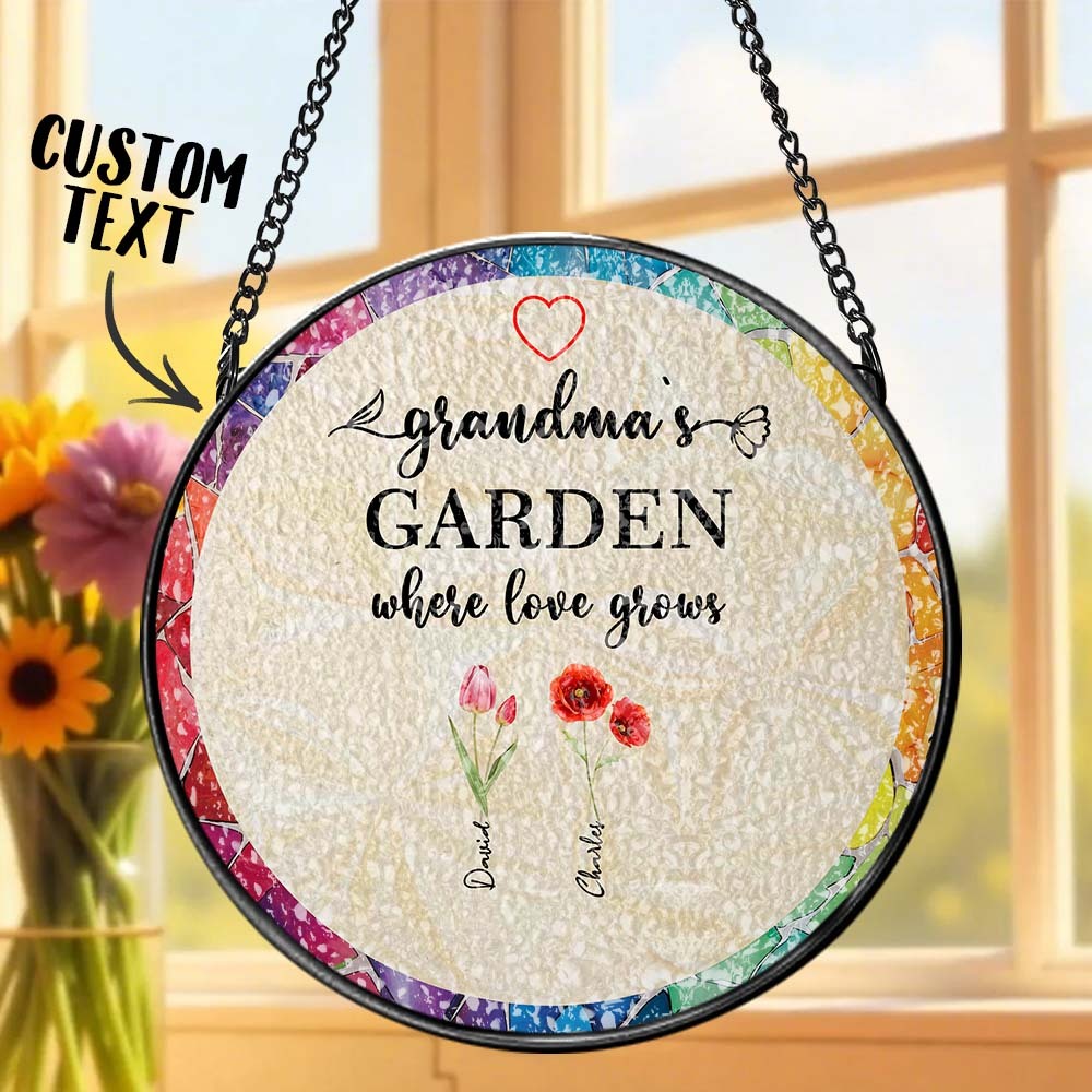 Personalized Grandma's Garden Glass Suncatcher Custom Birth Flower Window Hanging Mother's Day Gift