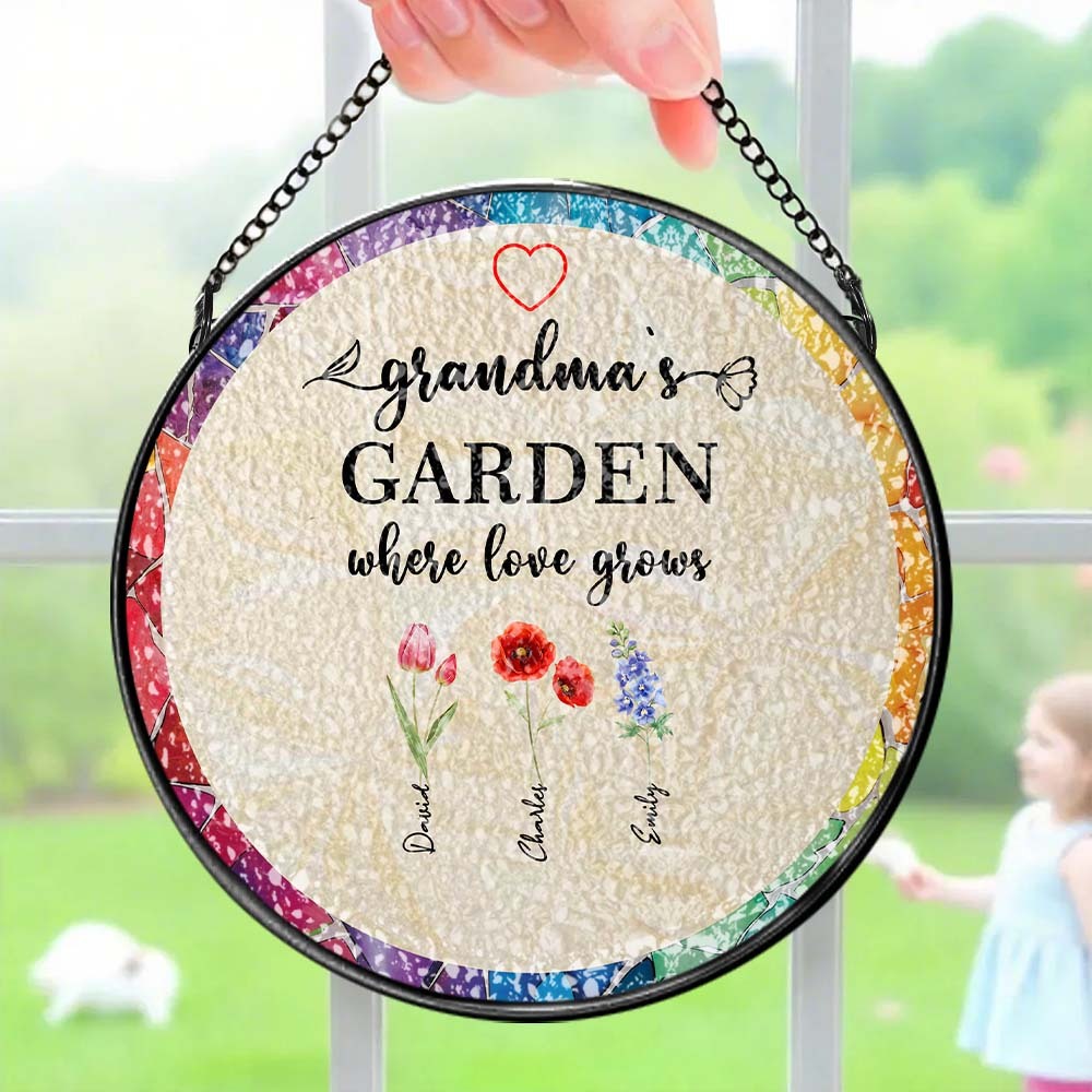 Personalized Grandma's Garden Glass Suncatcher Custom Birth Flower Window Hanging Mother's Day Gift