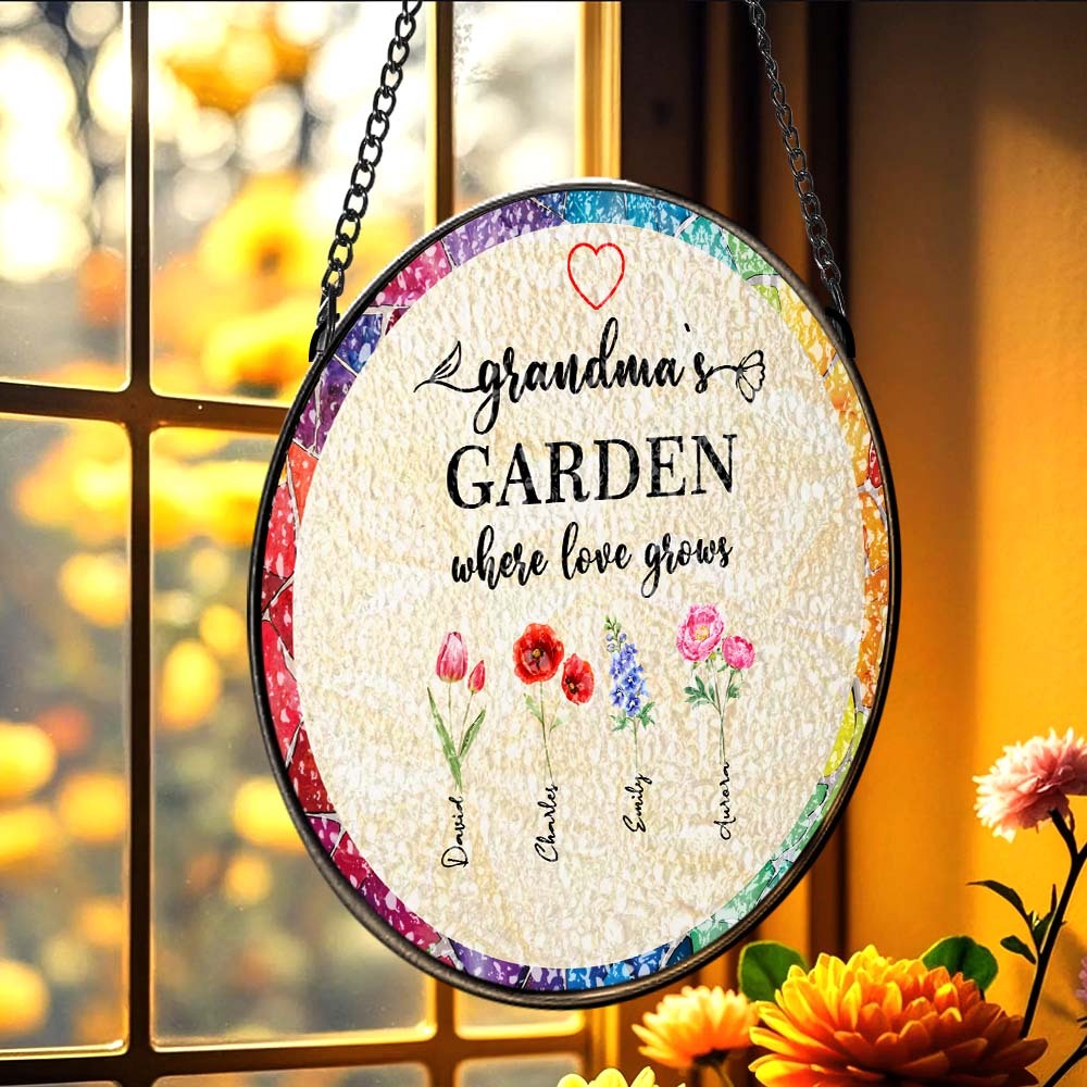 Personalized Grandma's Garden Glass Suncatcher Custom Birth Flower Window Hanging Mother's Day Gift