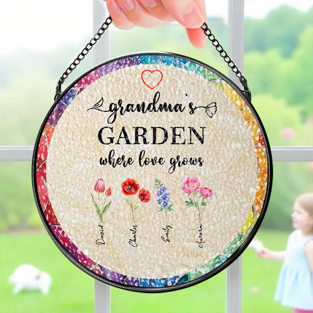 Personalized Grandma's Garden Glass Suncatcher Custom Birth Flower Window Hanging Mother's Day Gift