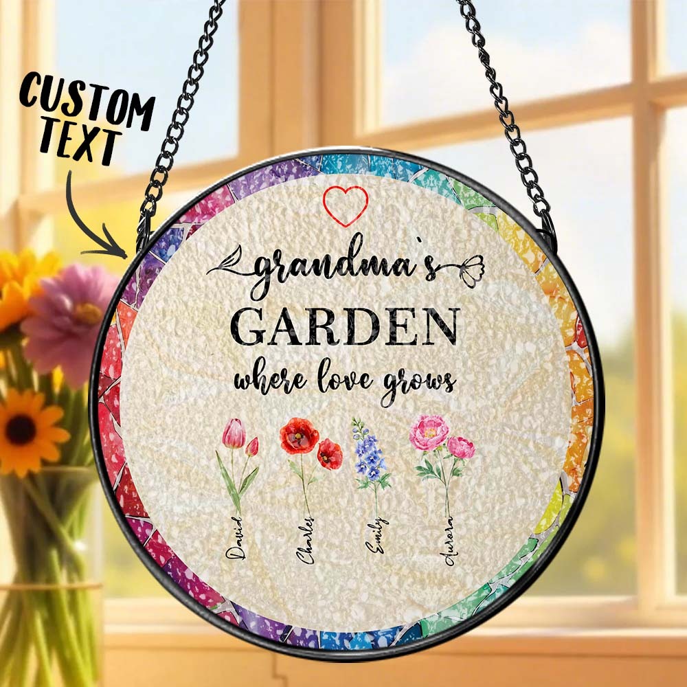 Personalized Grandma's Garden Glass Suncatcher Custom Birth Flower Window Hanging Mother's Day Gift