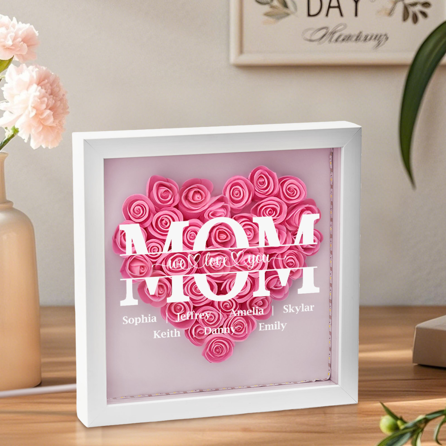 We Love You Mom - Personalized Flower Shadow Box With LED Light