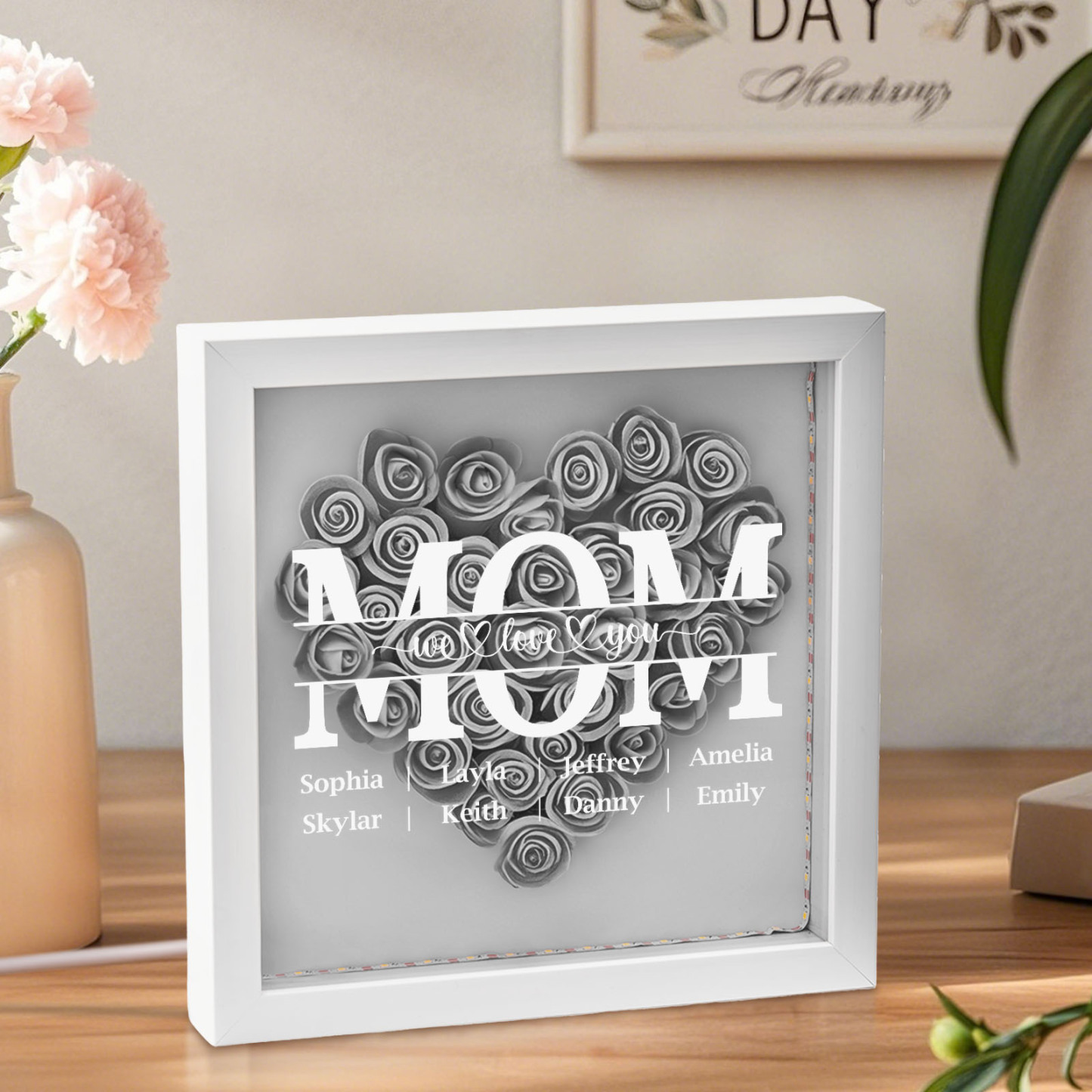 We Love You Mom - Personalized Flower Shadow Box With LED Light