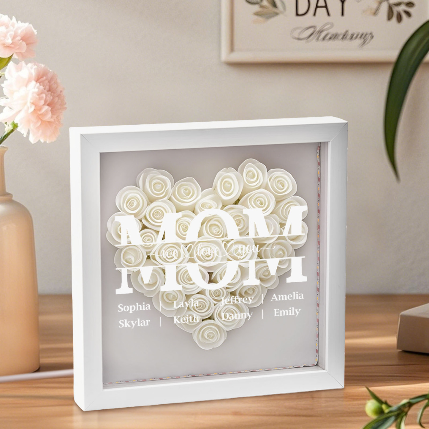 We Love You Mom - Personalized Flower Shadow Box With LED Light