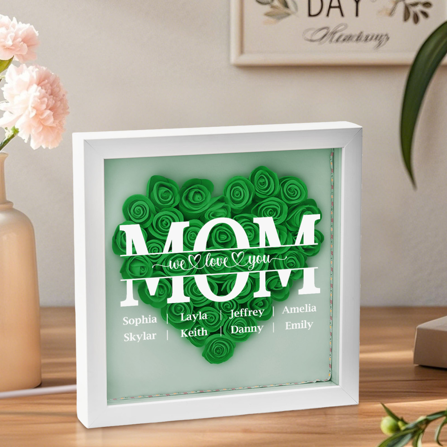 We Love You Mom - Personalized Flower Shadow Box With LED Light