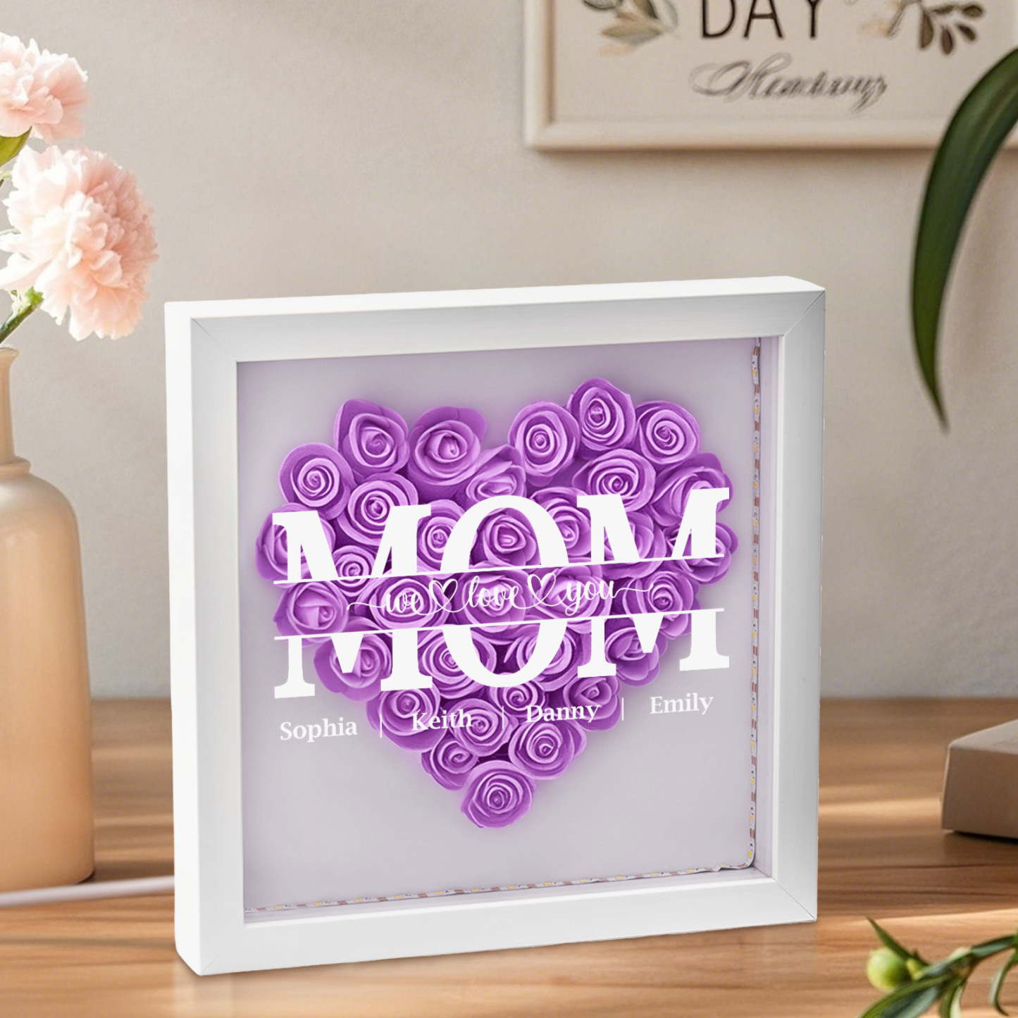We Love You Mom - Personalized Flower Shadow Box With LED Light