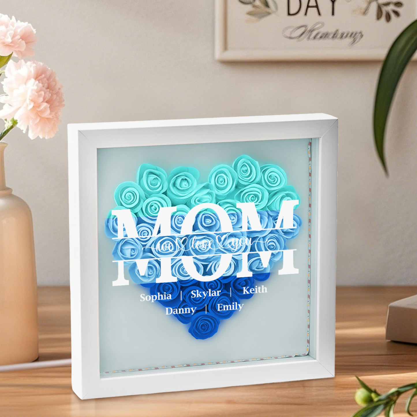 We Love You Mom - Personalized Flower Shadow Box With LED Light