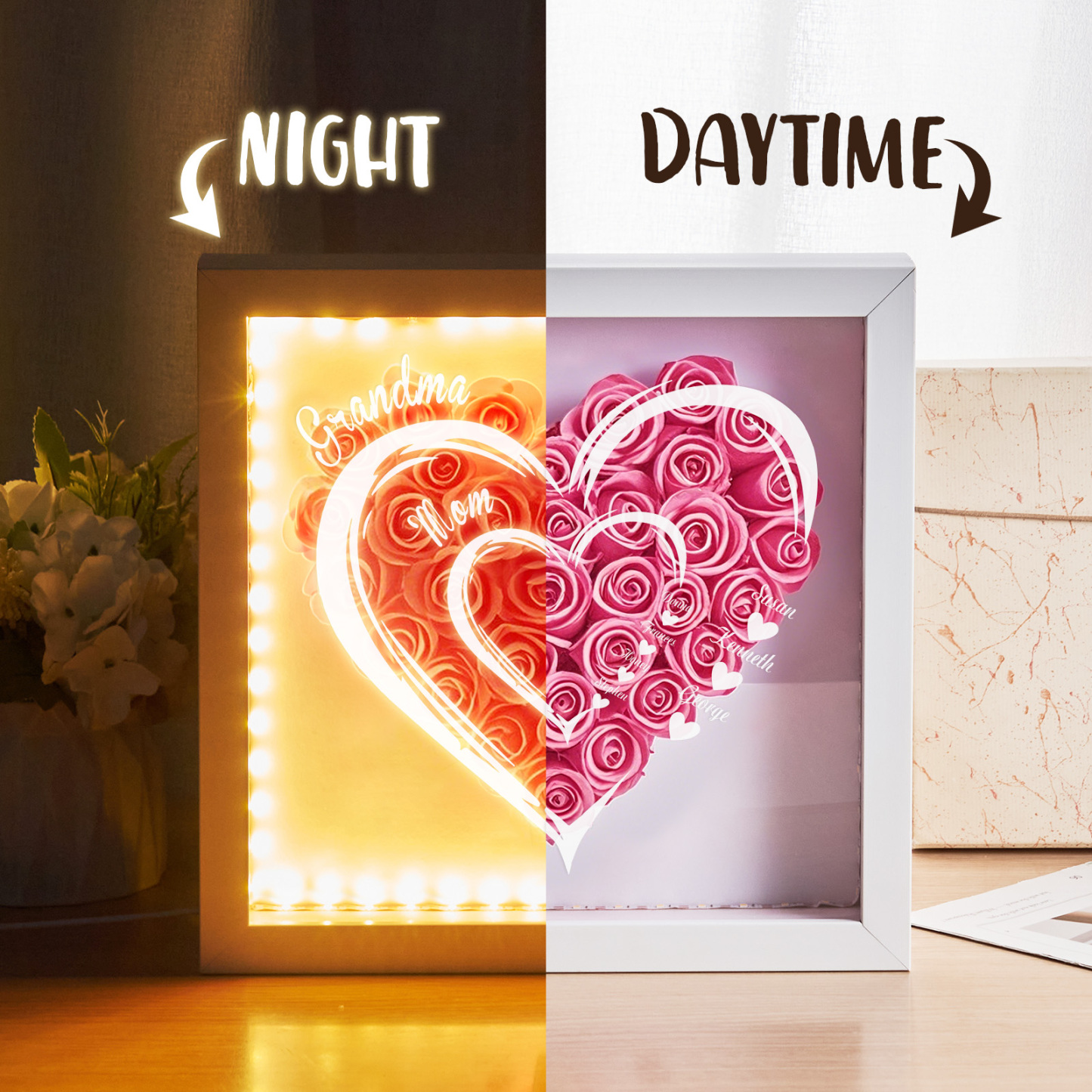 Mom Grandma Hearts Custom Kids' Names - Personalized Flower Shadow Box With LED Light