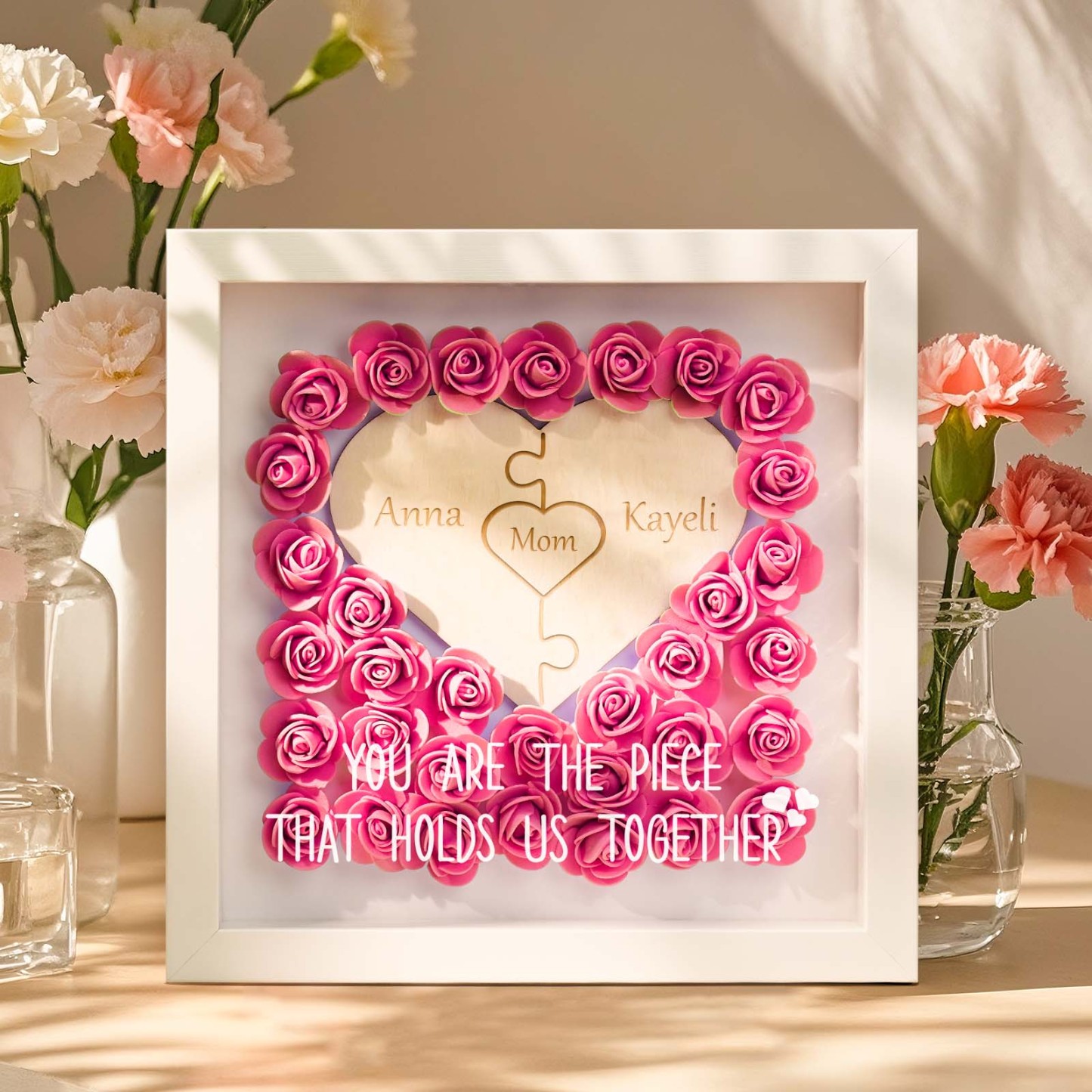 Personalized Puzzle Piece Mom Heart Shaped Flower Shadow Box