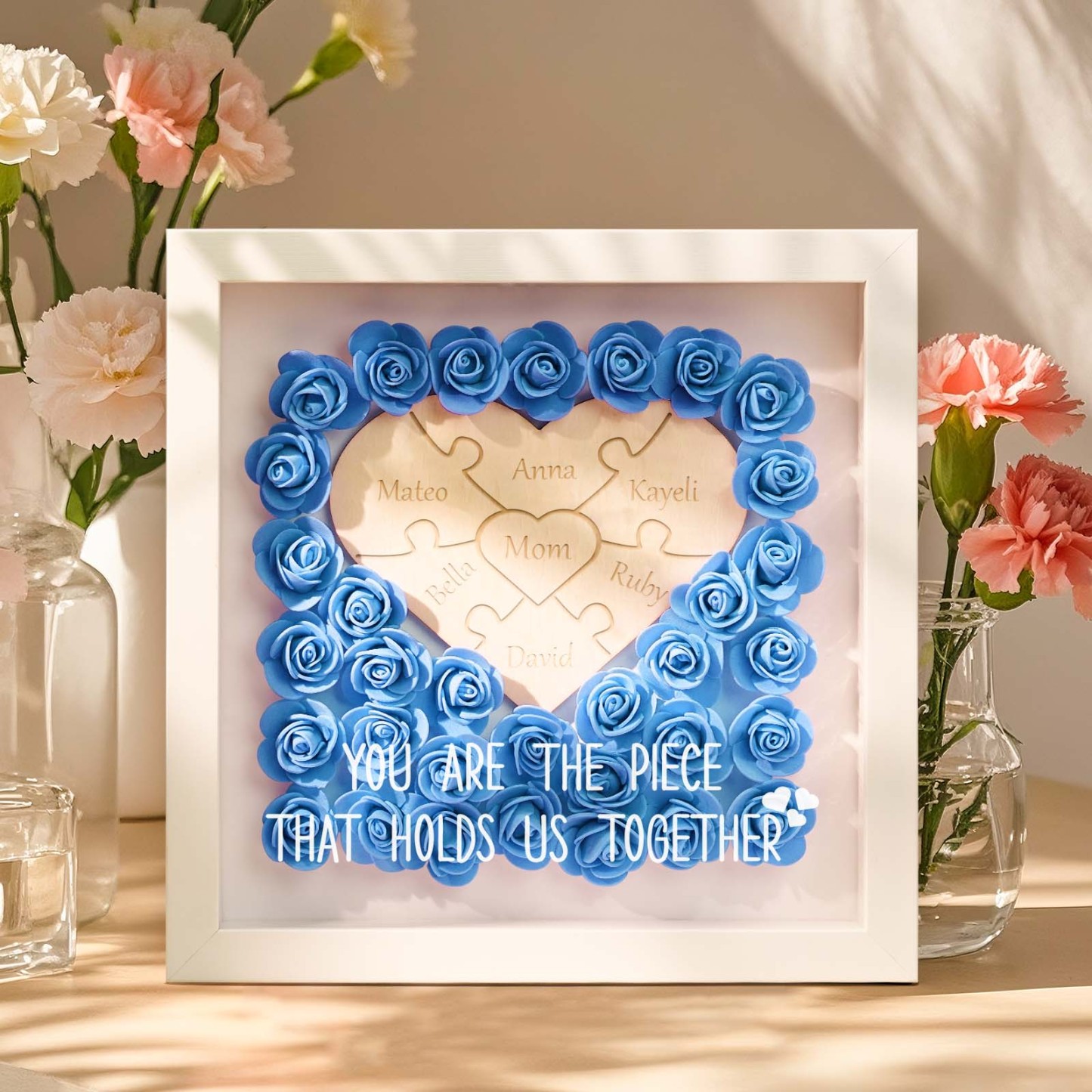 Personalized Puzzle Piece Mom Heart Shaped Flower Shadow Box