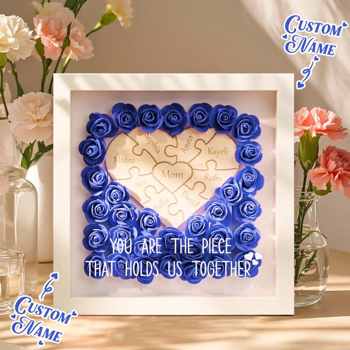 Personalized Puzzle Piece Mom Heart Shaped Flower Shadow Box