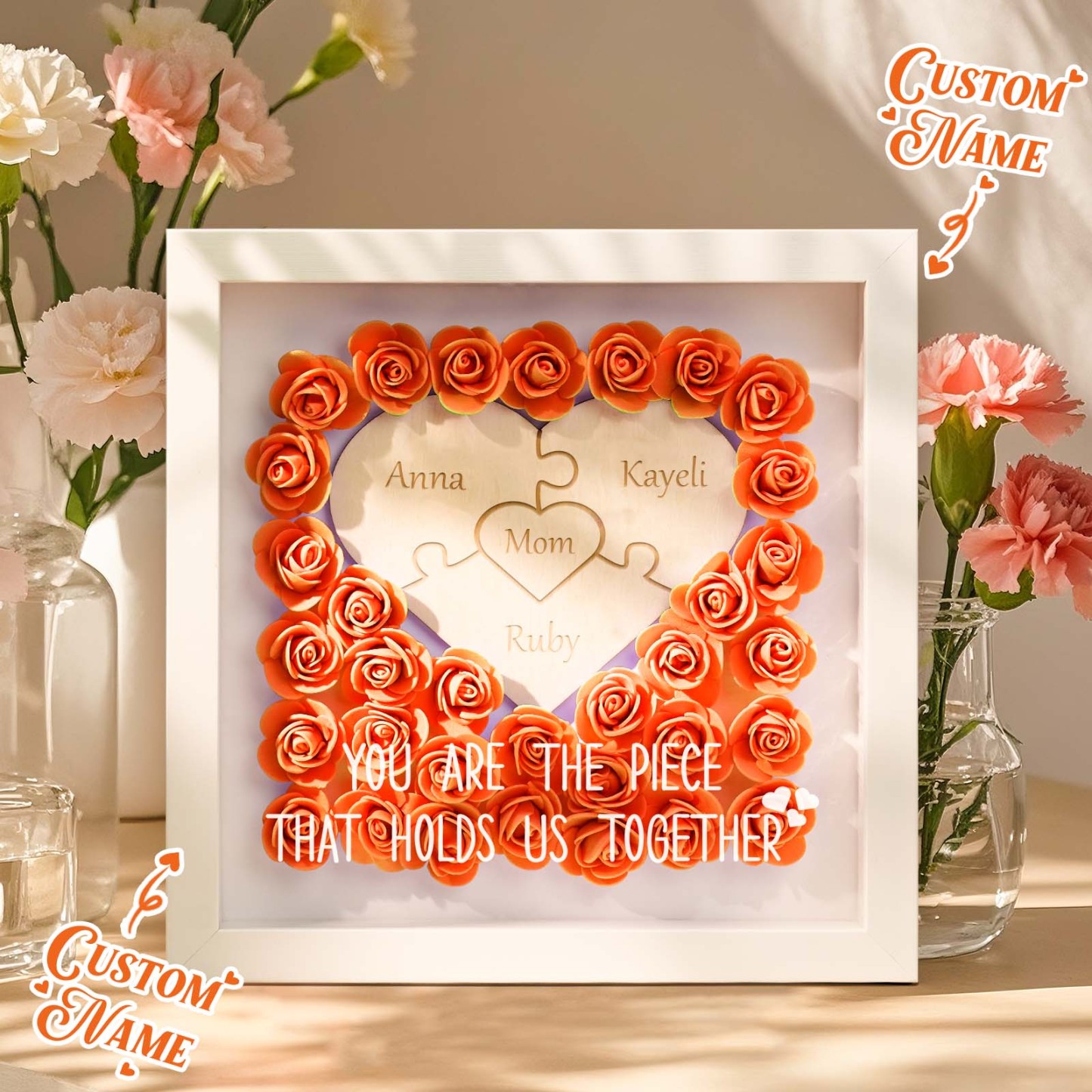 Personalized Puzzle Piece Mom Heart Shaped Flower Shadow Box