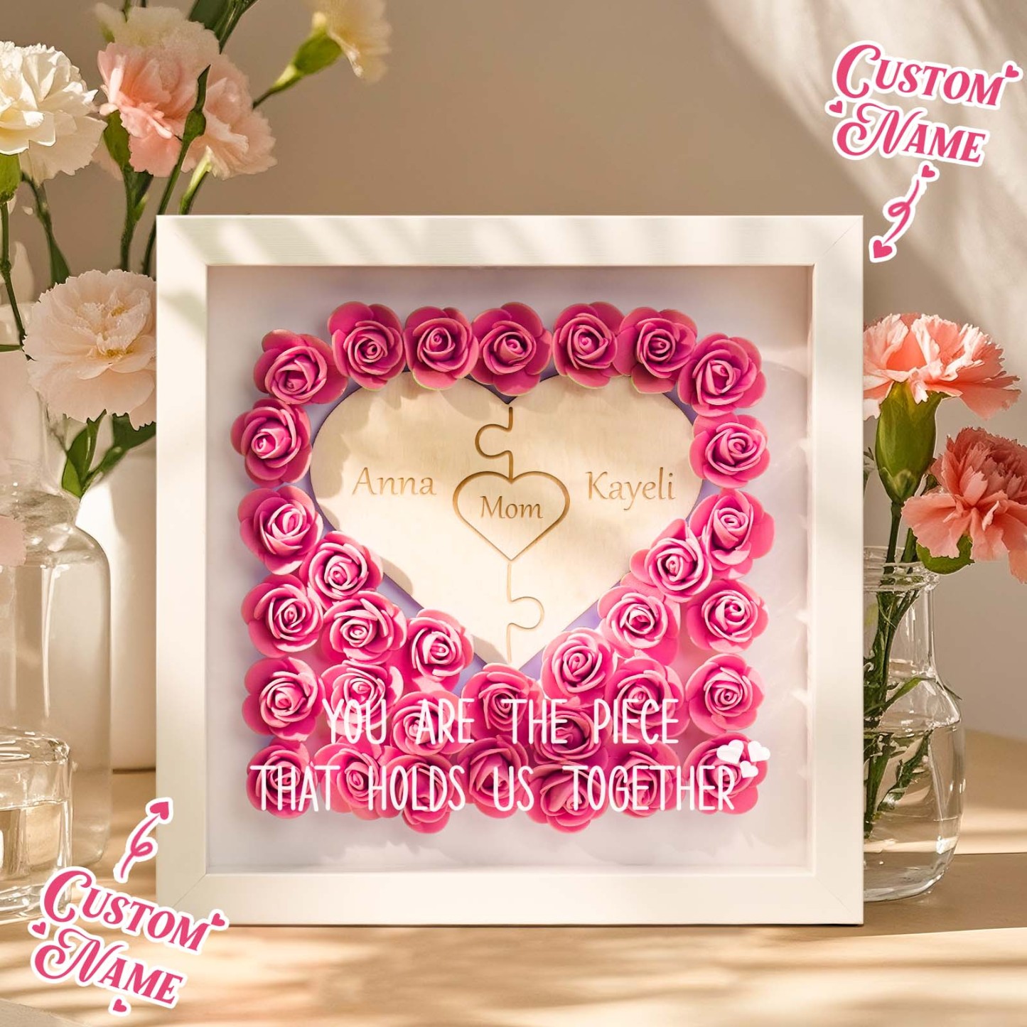 Personalized Puzzle Piece Mom Heart Shaped Flower Shadow Box