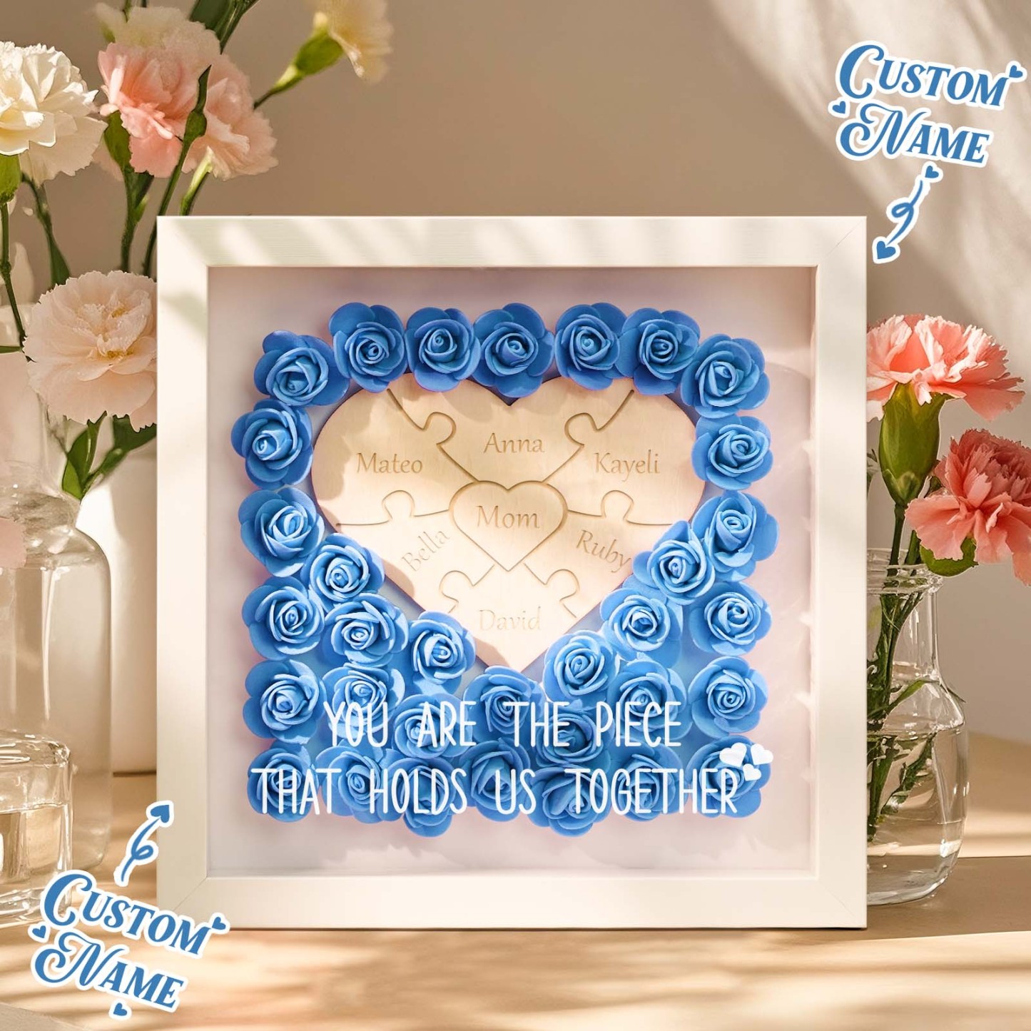 Personalized Puzzle Piece Mom Heart Shaped Flower Shadow Box