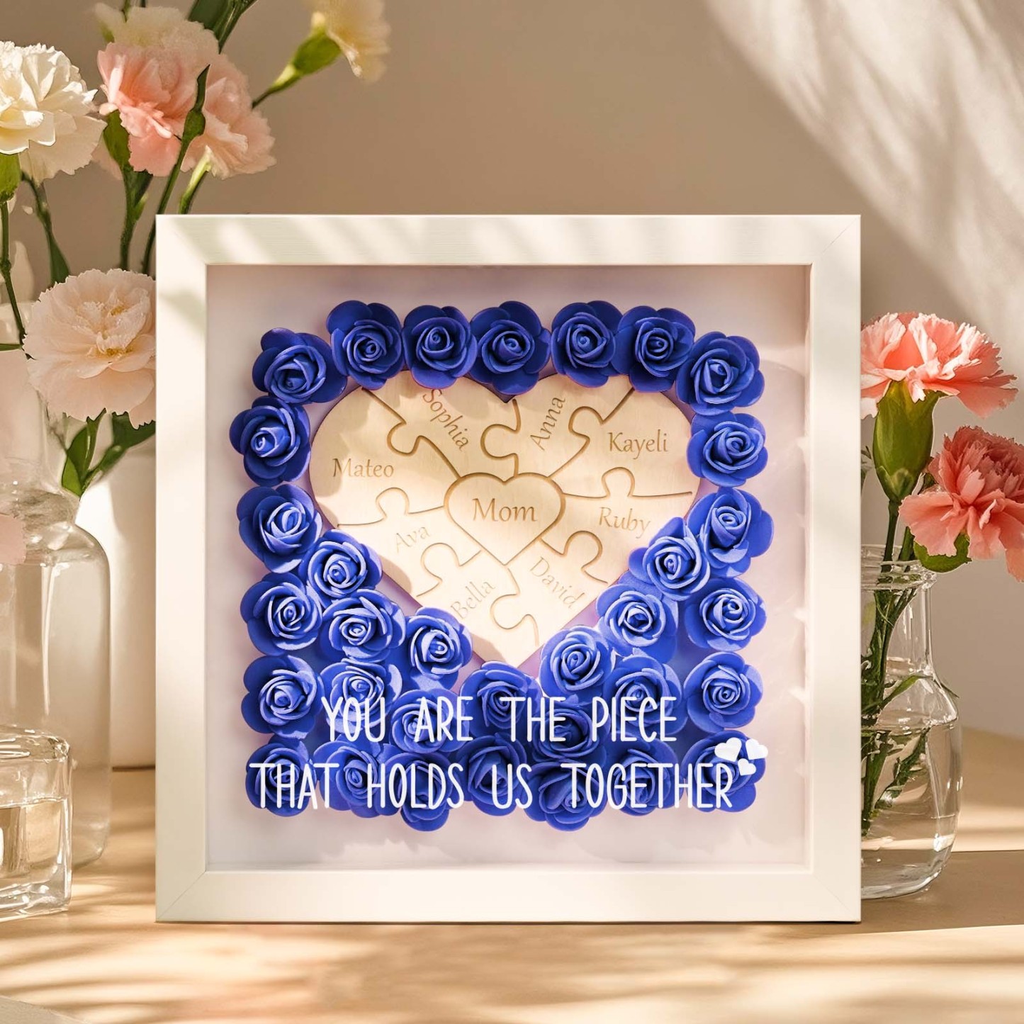 Personalized Puzzle Piece Mom Heart Shaped Flower Shadow Box