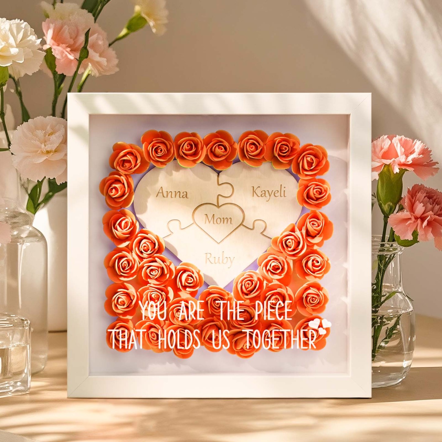 Personalized Puzzle Piece Mom Heart Shaped Flower Shadow Box