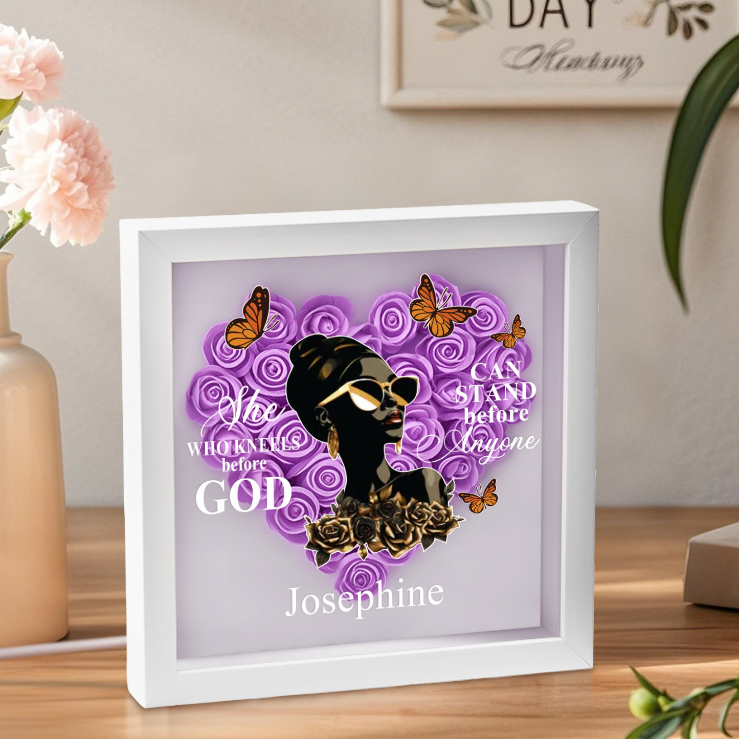 She Who Kneels Before God | Personalized Heart Flower Shadow Box