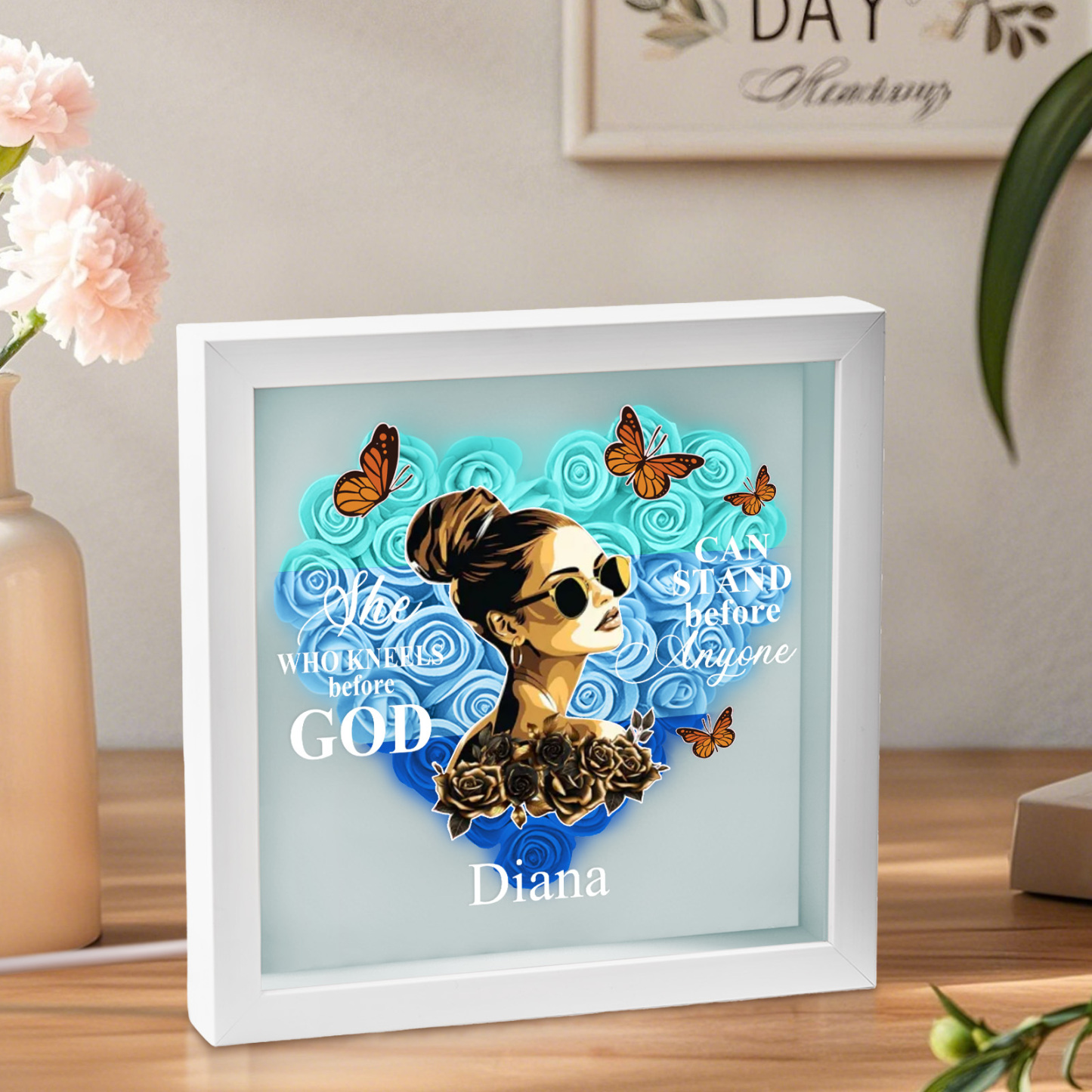 She Who Kneels Before God | Personalized Heart Flower Shadow Box