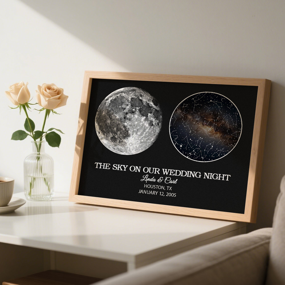 "Our Night Sky" Custom Moon Phase & Star Map Plaque - Personalized Wooden Frame Anniversary Gift for Couple