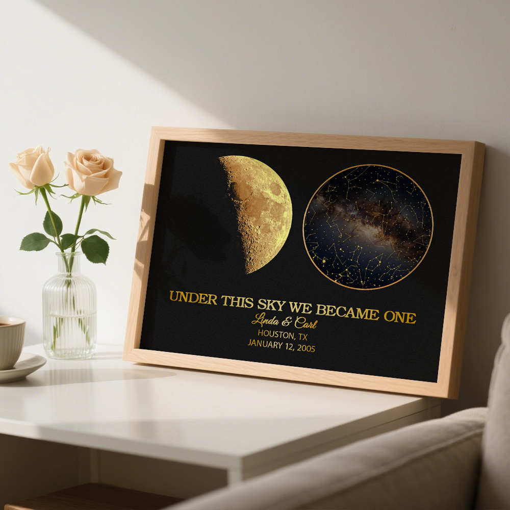 "Our Night Sky" Custom Moon Phase & Star Map Plaque - Personalized Wooden Frame Anniversary Gift for Couple