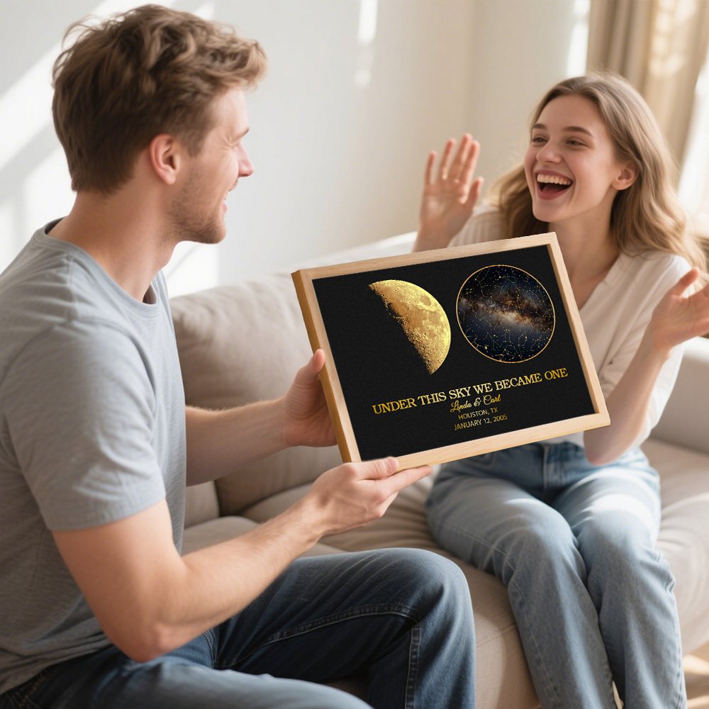 "Our Night Sky" Custom Moon Phase & Star Map Plaque - Personalized Wooden Frame Anniversary Gift for Couple