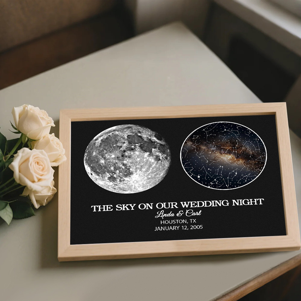 "Our Night Sky" Custom Moon Phase & Star Map Plaque - Personalized Wooden Frame Anniversary Gift for Couple