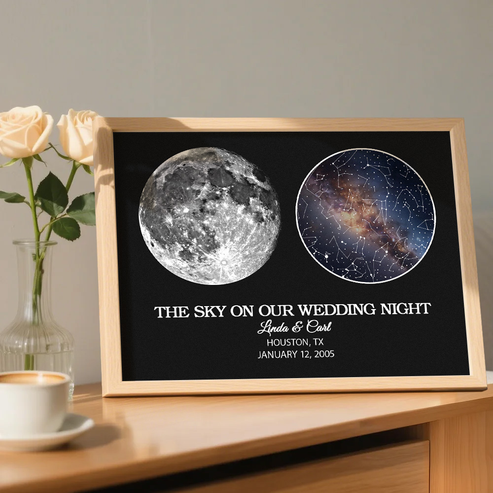 "Our Night Sky" Custom Moon Phase & Star Map Plaque - Personalized Wooden Frame Anniversary Gift for Couple