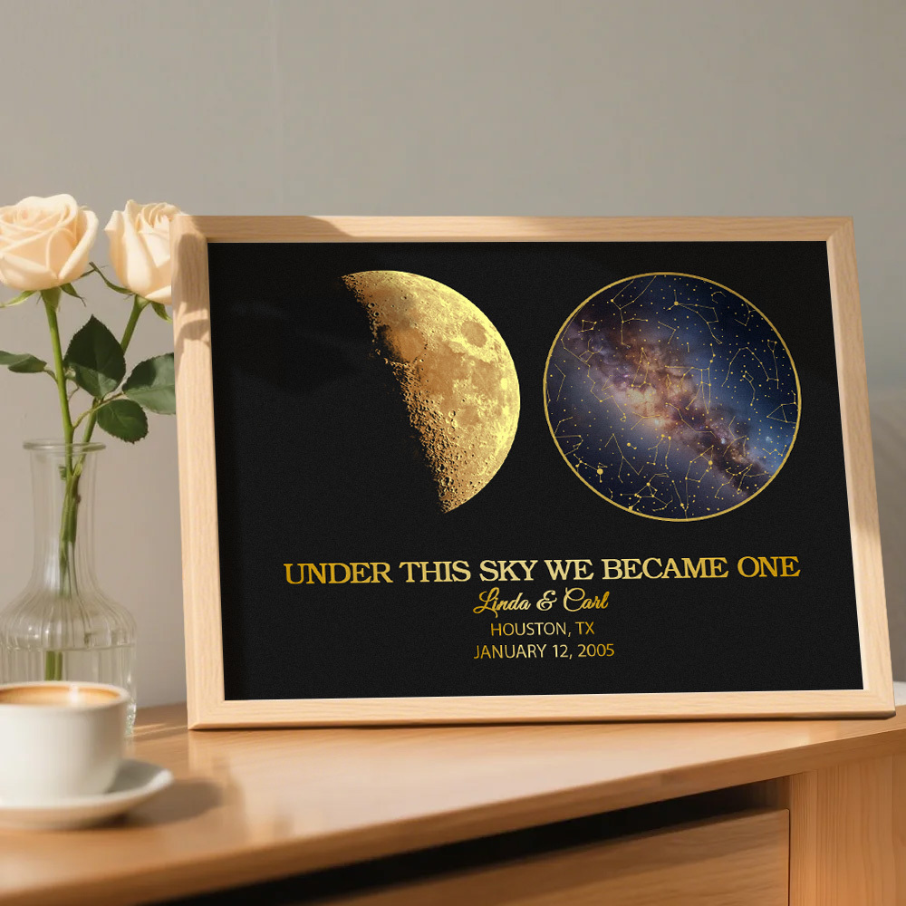 "Our Night Sky" Custom Moon Phase & Star Map Plaque - Personalized Wooden Frame Anniversary Gift for Couple