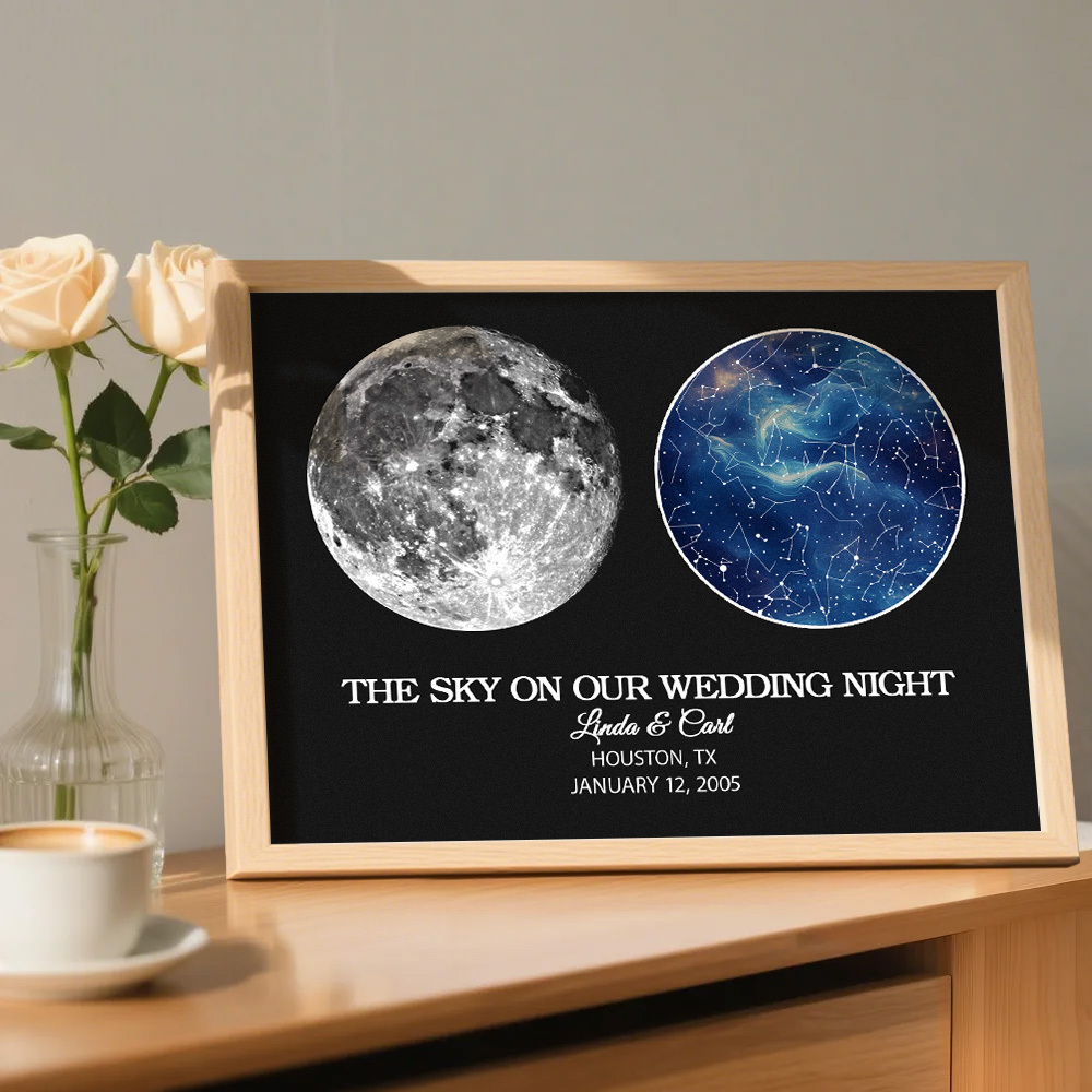 "Our Night Sky" Custom Moon Phase & Star Map Plaque - Personalized Wooden Frame Anniversary Gift for Couple