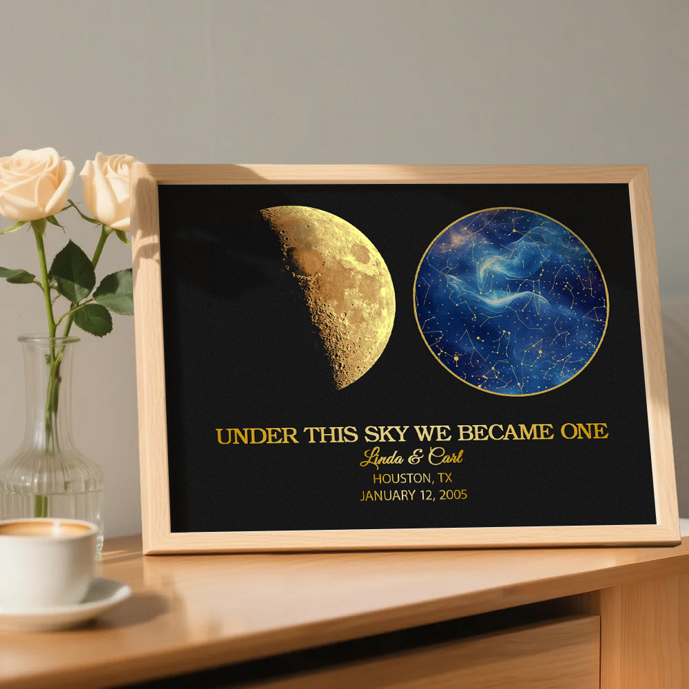 "Our Night Sky" Custom Moon Phase & Star Map Plaque - Personalized Wooden Frame Anniversary Gift for Couple
