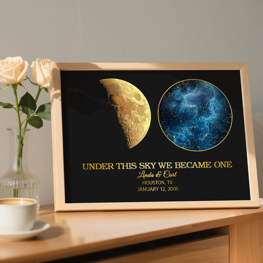 "Our Night Sky" Custom Moon Phase & Star Map Plaque - Personalized Wooden Frame Anniversary Gift for Couple