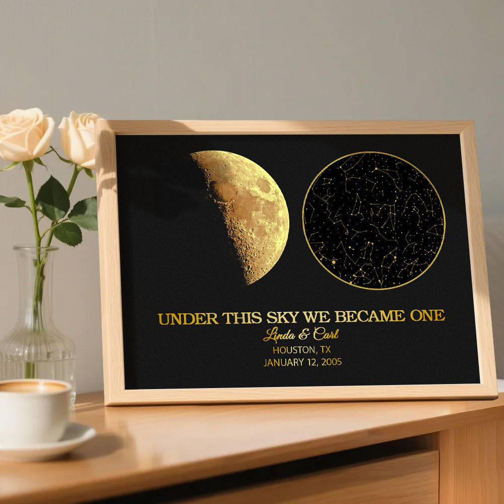 "Our Night Sky" Custom Moon Phase & Star Map Plaque - Personalized Wooden Frame Anniversary Gift for Couple