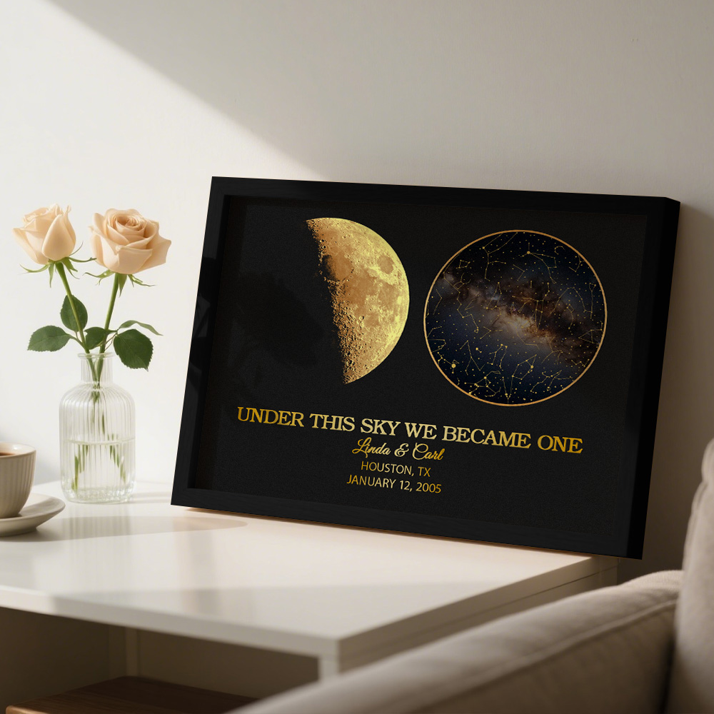 "Our Night Sky" Custom Moon Phase & Star Map Plaque - Personalized Wooden Frame Anniversary Gift for Couple