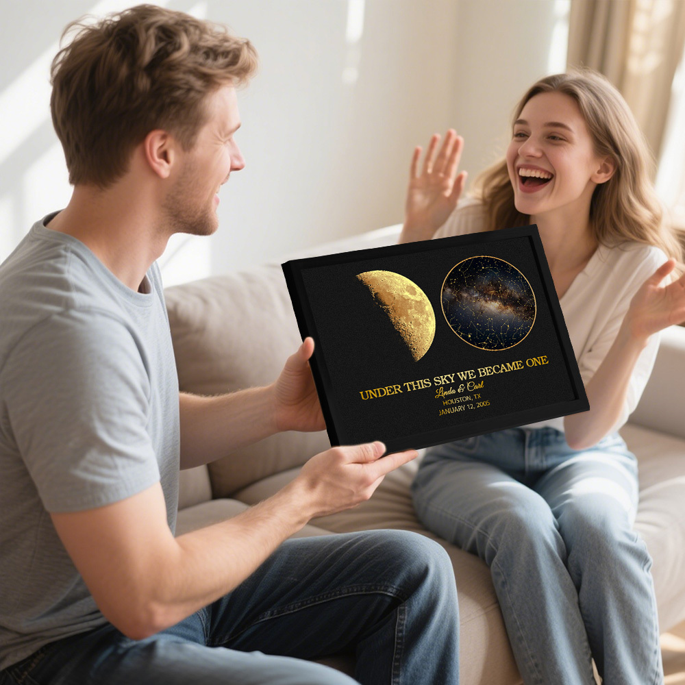 "Our Night Sky" Custom Moon Phase & Star Map Plaque - Personalized Wooden Frame Anniversary Gift for Couple