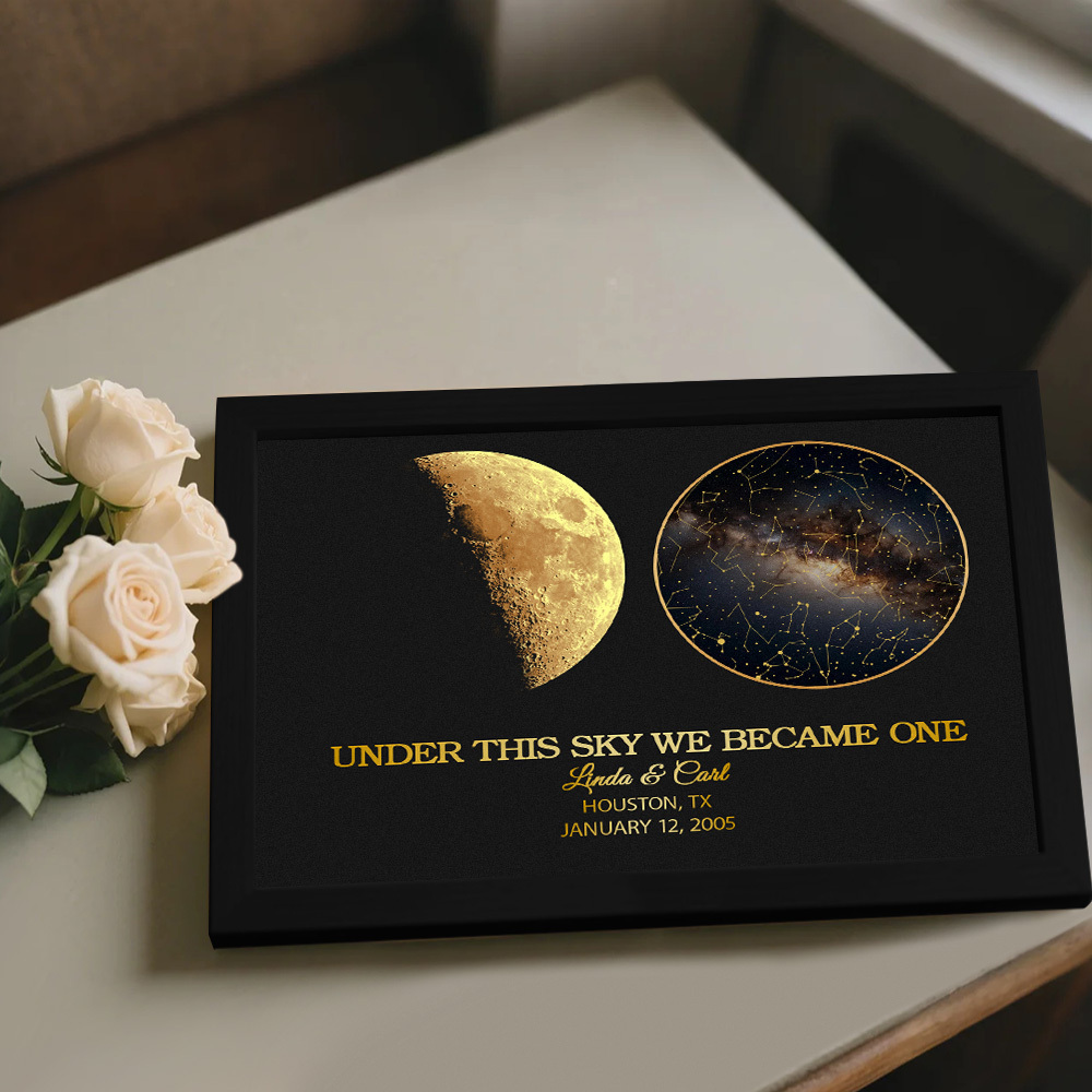 "Our Night Sky" Custom Moon Phase & Star Map Plaque - Personalized Wooden Frame Anniversary Gift for Couple