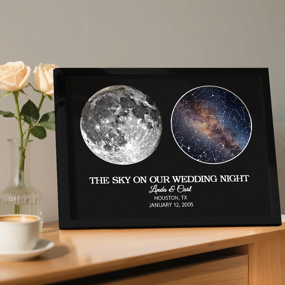 "Our Night Sky" Custom Moon Phase & Star Map Plaque - Personalized Wooden Frame Anniversary Gift for Couple