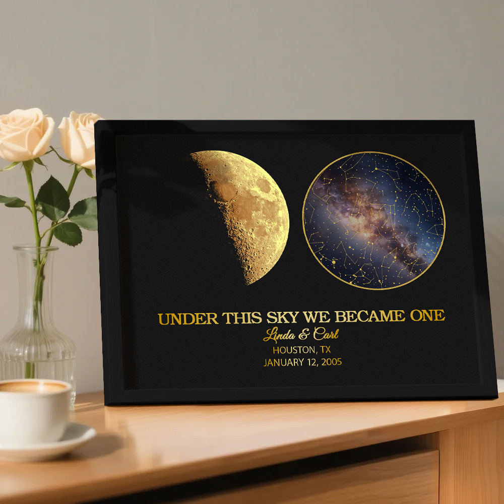 "Our Night Sky" Custom Moon Phase & Star Map Plaque - Personalized Wooden Frame Anniversary Gift for Couple